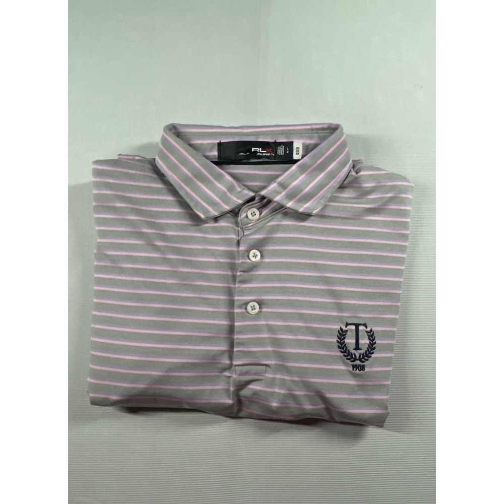 RLX Ralph Lauren Mens Golf Polo Shirt Large Grey Pink Striped Short Sleeve Logo